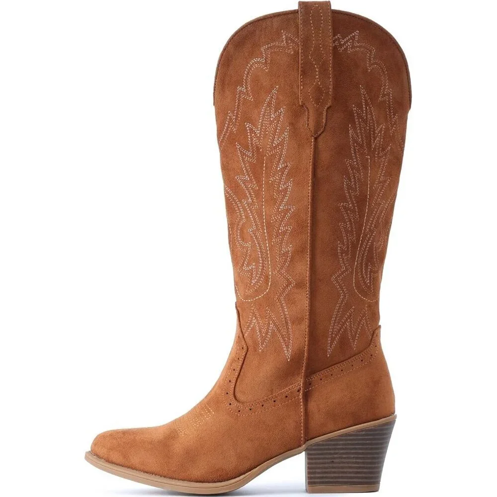 Women Brown Chunky Heel Pointed Toe Cowgirl Mid Calf Embroidery Western Boots